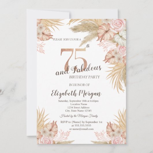 Boho Bloemen, Pampagras 75e Verjaardag Kaart (Voorkant)