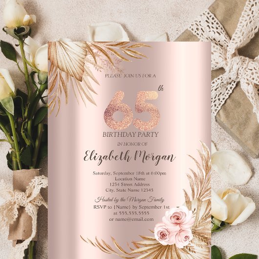 Boho Bloemen Pampas Roze Goud 65e Verjaardag Kaart