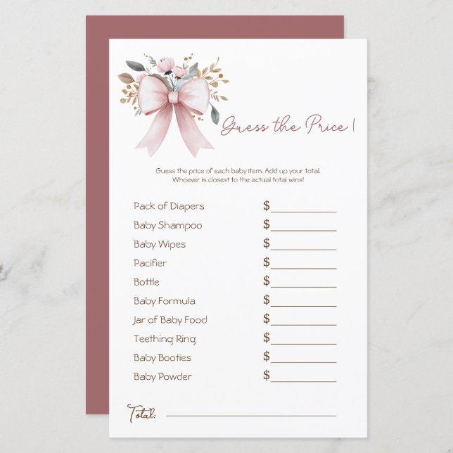 Boho Bloemen Roze Bow Meisje Baby shower Prijs Gue (Voorkant / Achterkant)