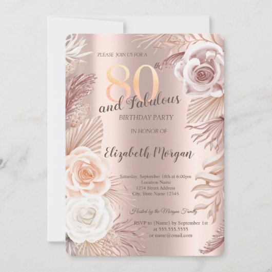 Boho Bloemen Roze Goud 80e Verjaardag Kaart (Voorkant)