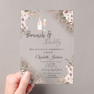Boho Bloemen Roze Goud Glitters  Brunch & Bubbelig Acryl Uitnodigingen