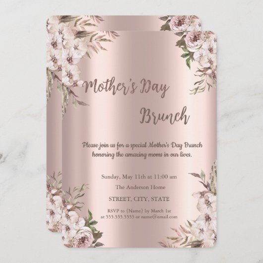 Boho Bloemen Roze Goud Moederdag Brunch Kaart (Voorkant / Achterkant)
