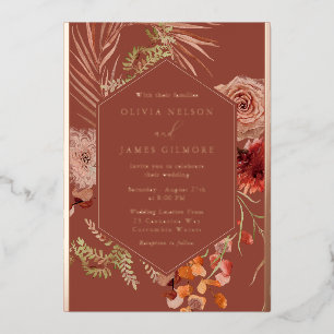Boho Bloemen Roze Gouden Folie Bruiloft Uitnodiging