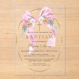 Boho Bloemen Roze Strik Meisje Doop Transparant   Acryl Uitnodigingen