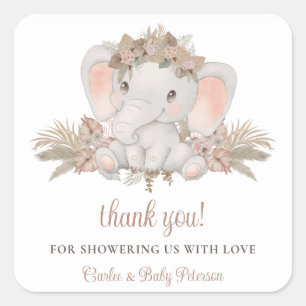 Boho Bloemen Schattigee Olifant Baby shower Sticke Vierkante Sticker