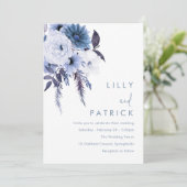 Boho Bloemen Stoffig Blauw & Wit Huwelijk Kaart (Staand voorkant)