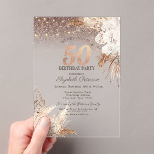 Boho Bloemen, String Lights Glitter 50ste verjaard Acryl Uitnodigingen