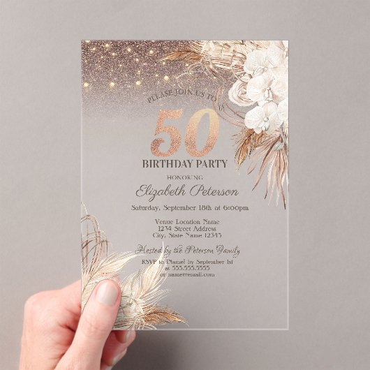 Boho Bloemen, String Lights Glitter 50ste verjaard Acryl Uitnodigingen (Insitu (Draagbaar))