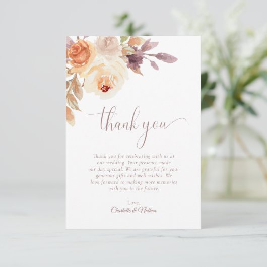 Boho Bloemen Terracotta Bruiloft Dank u kaart (Staand voorkant)
