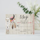Boho Bloemen Veer Antler Koe Schedel Hout Bruiloft RSVP Kaartje (Staand voorkant)