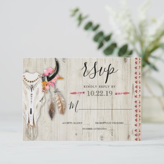 Boho Bloemen Veer Antler Koe Schedel Hout Bruiloft RSVP Kaartje (Staand voorkant)