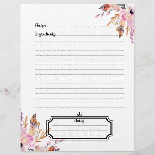 Boho bloemen veer wit roze receptblad flyer (Achterkant)
