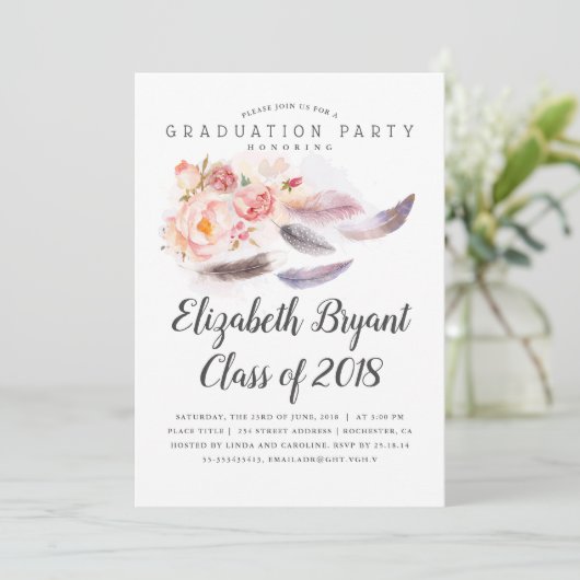 Boho Bloemen Waterverf Veren Afstudeerfeest Kaart (Staand voorkant)