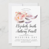 Boho Bloemen Waterverf Veren Bruiloft Kaart (Voorkant)