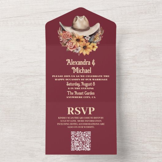 Boho Bloemen Western Bruiloft QR Code All In One Uitnodiging (Binnen)