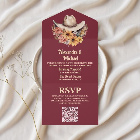 Boho Bloemen Western Bruiloft QR Code All In One Uitnodiging