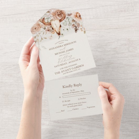 Boho Bloemen Westerne bruiloft All In One Uitnodiging (Afscheurbaar)