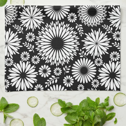 Boho bloemen Zwart en wit vector bloempatroon Theedoek (Gevouwen)