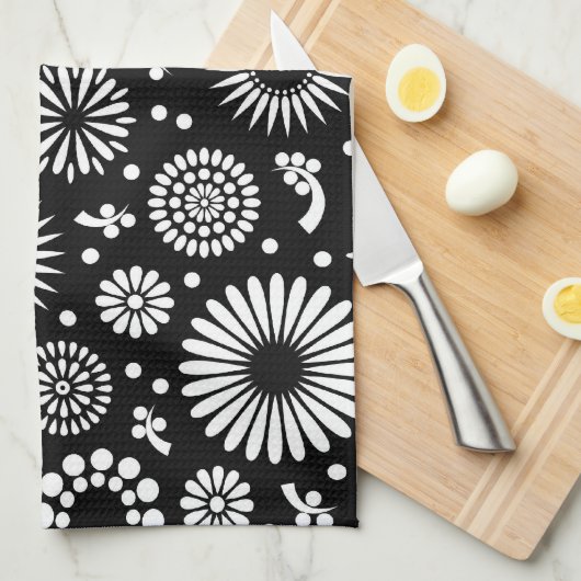 Boho bloemen Zwart en wit vector bloempatroon Theedoek (Quarter Fold)