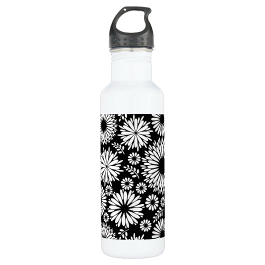 Boho bloemen Zwart en wit vector bloempatroon Waterfles (Voorkant)