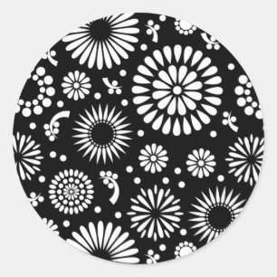 Boho bloemen Zwart-wit vector bloempatroon Ronde Sticker
