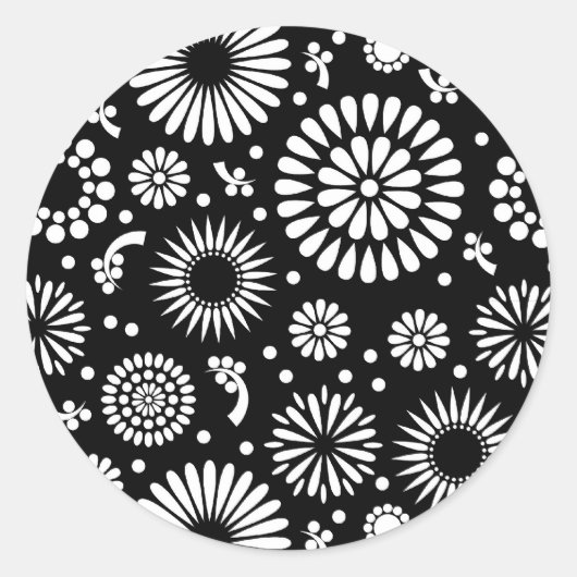 Boho bloemen Zwart-wit vector bloempatroon Ronde Sticker (Voorkant)