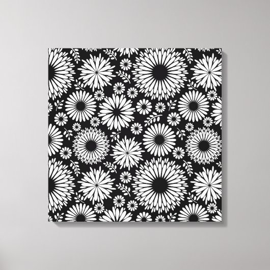 Boho bloemen Zwart-wit vectorbloempatroon Canvas Afdruk (Voorkant)
