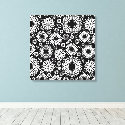 Boho bloemen Zwart-wit vectorbloempatroon Canvas Afdruk (Insitu (Houten vloer))