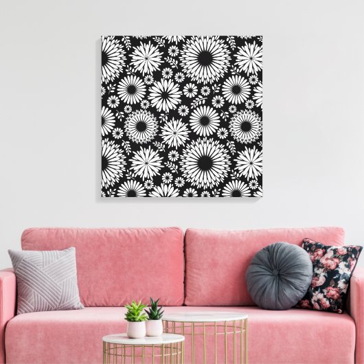 Boho bloemen Zwart-wit vectorbloempatroon Canvas Afdruk (Insitu (Woonkamer))