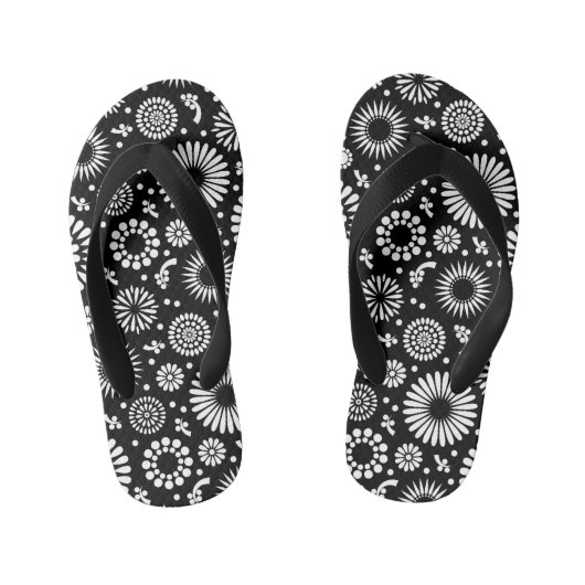 Boho bloemen Zwart-wit vectorbloempatroon Kinder Teenslippers (Voetbed)