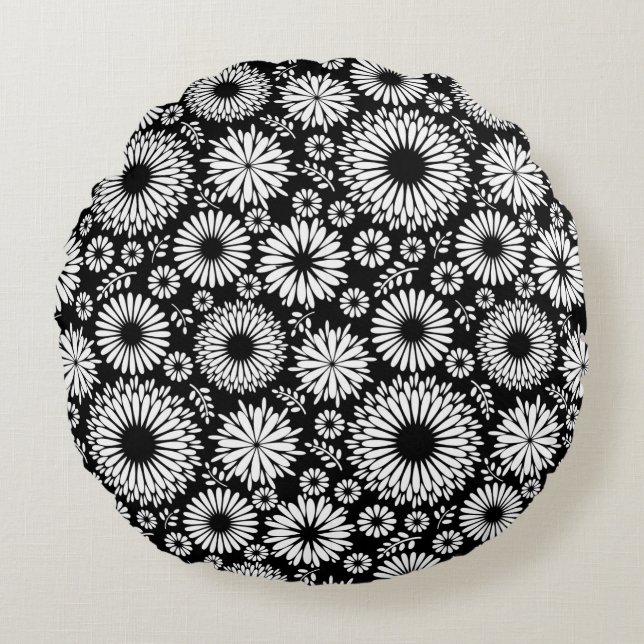 Boho bloemen Zwart-wit vectorbloempatroon Rond Kussen (Voorkant)