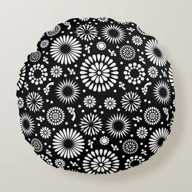 Boho bloemen Zwart-wit vectorbloempatroon Rond Kussen (Voorkant)