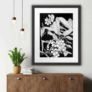 Boho Bloemen Zwarte Inkt Tekening Muur Print
