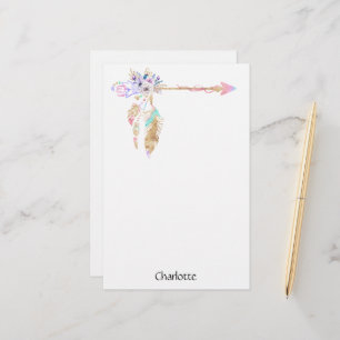 Boho bloemendecoratie met veer en pijl Naam briefp Briefpapier
