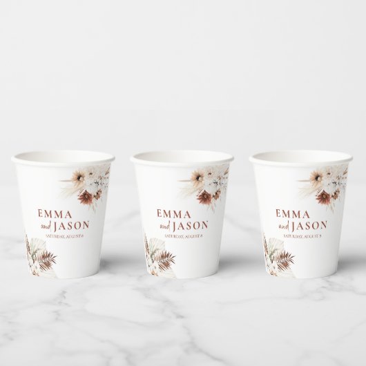 Boho bloemenpampagras bruiloft papieren bekers (Multi)