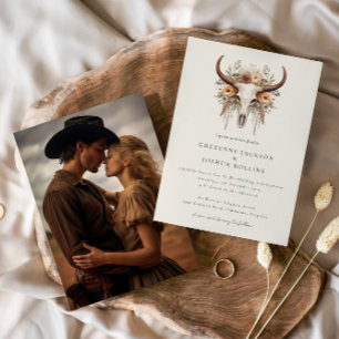 Boho Bloemenschedel Westerse Trouwfoto  Kaart