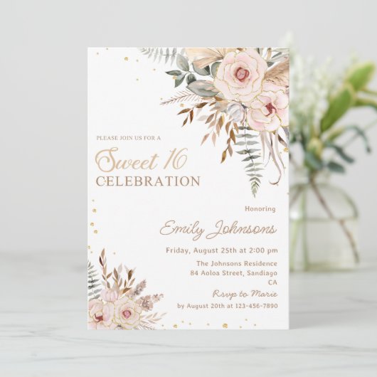 Boho bloemenscript gouden glitter zoet 16 verjaard kaart (Staand voorkant)