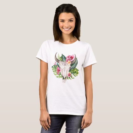 Boho Bloemenskelet Teal Tropisch Eiland Paradijs T-shirt (Voorkant volledig)
