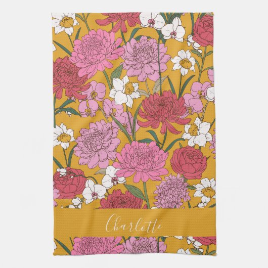 Boho Bloementuin Gele Gepersonaliseerde Naam Theedoek (Verticaal)