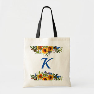 Boho bloemenzonnebloem monogram bruidsmeisje tote bag