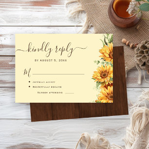 Boho bloemenzonnebloem schuur houten bruiloft RSVP kaartje