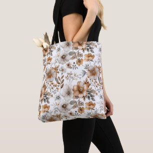 Boho bloemig grijs bruin neutrale kleur waterverf draagtas