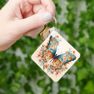Boho Bloemige Bloesem Vlinder Weide Waterverf Sleutelhanger