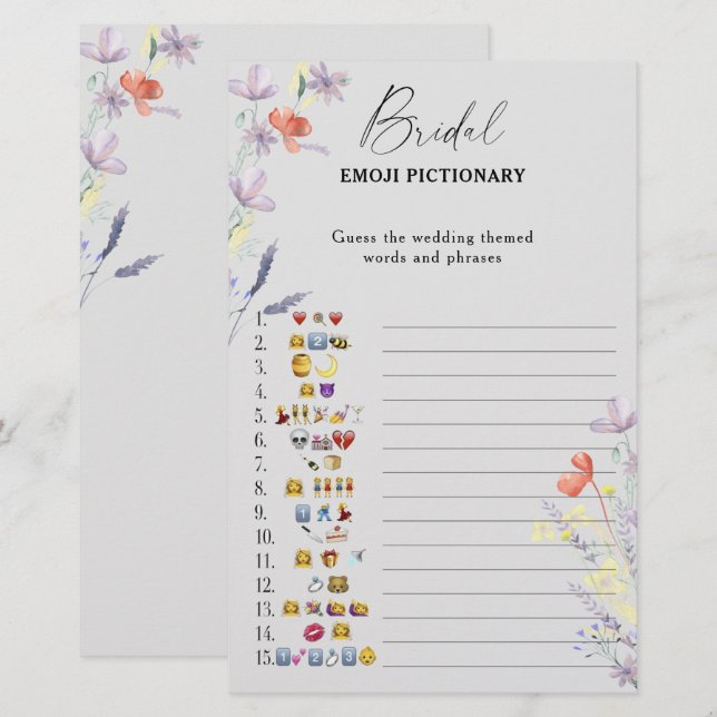 Boho bloemige bruiloftsshower emoji pictionary spe (Voorkant / Achterkant)