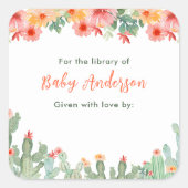 Boho Bloemige Cactus Baby Bibliotheek Ex-Libris Vierkante Sticker (Voorkant)