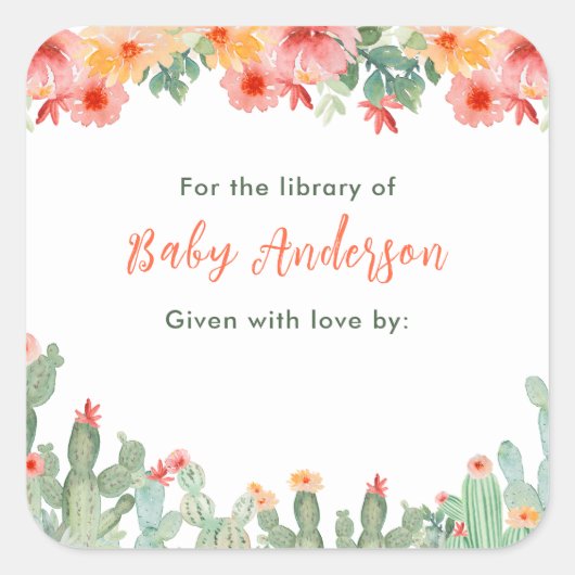 Boho Bloemige Cactus Baby Bibliotheek Ex-Libris Vierkante Sticker (Voorkant)