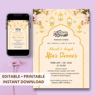 Boho Bloemige Lantaarn Gouden Boog Iftar Diner Kaart