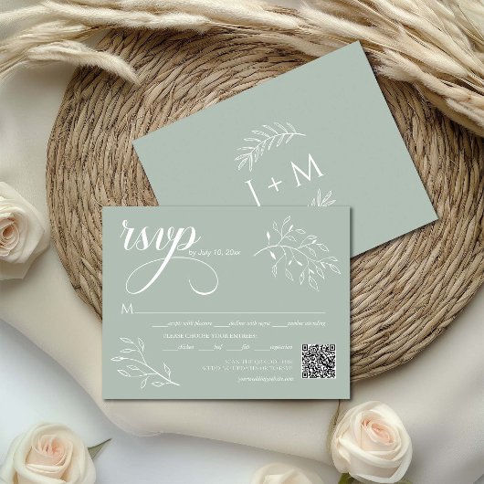 Boho Bloemige Salie Groene Kalligrafie QR-code RSVP Kaartje