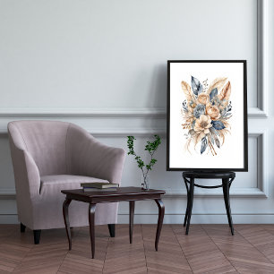 Boho bloemige stoffige blauwe beige waterverf bloe poster