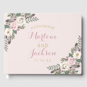 Boho Bloemige Veer Roze Trouw Monogram Gastenboek